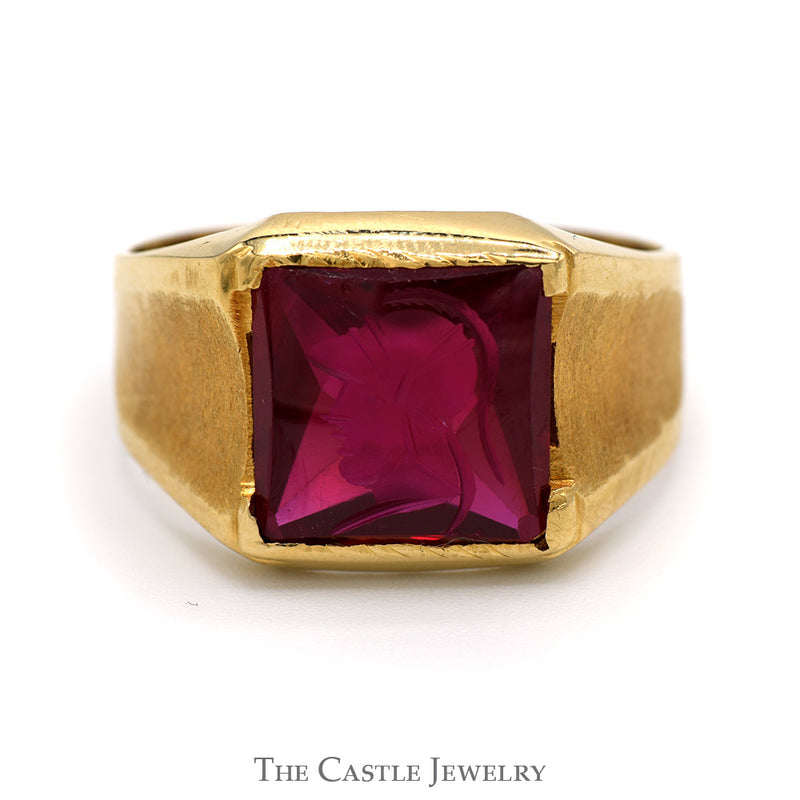 Men's Synthetic Ruby Intaglio Ring with Brush Textured Sides in 18k Yellow Gold