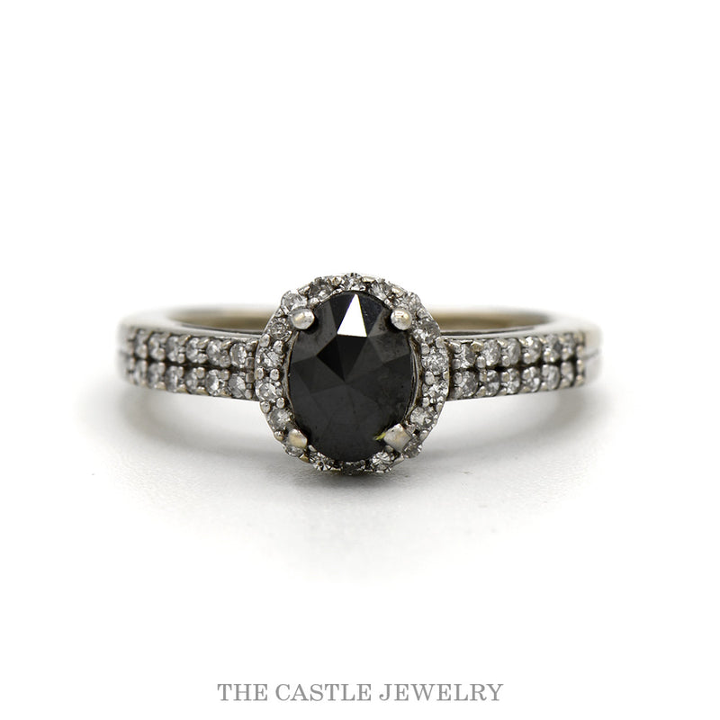 14k white gold oval black diamond halo engagement ring — top view