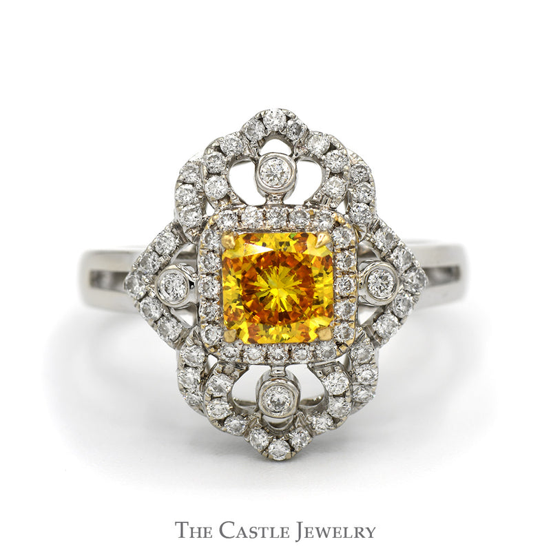 Cushion Cut Yellow Diamond Shield Ring with Diamond Accents and Split Shank Setting in 18k White Gold