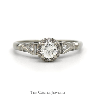 Vintage Design With .38CT Round Brilliant Cut Diamond Solitaire And Diamond Accented Sides In 14KT White Gold