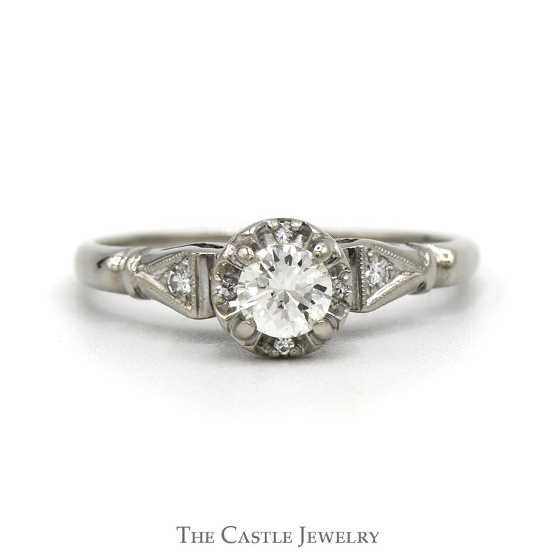 Vintage Design With .38CT Round Brilliant Cut Diamond Solitaire And Diamond Accented Sides In 14KT White Gold