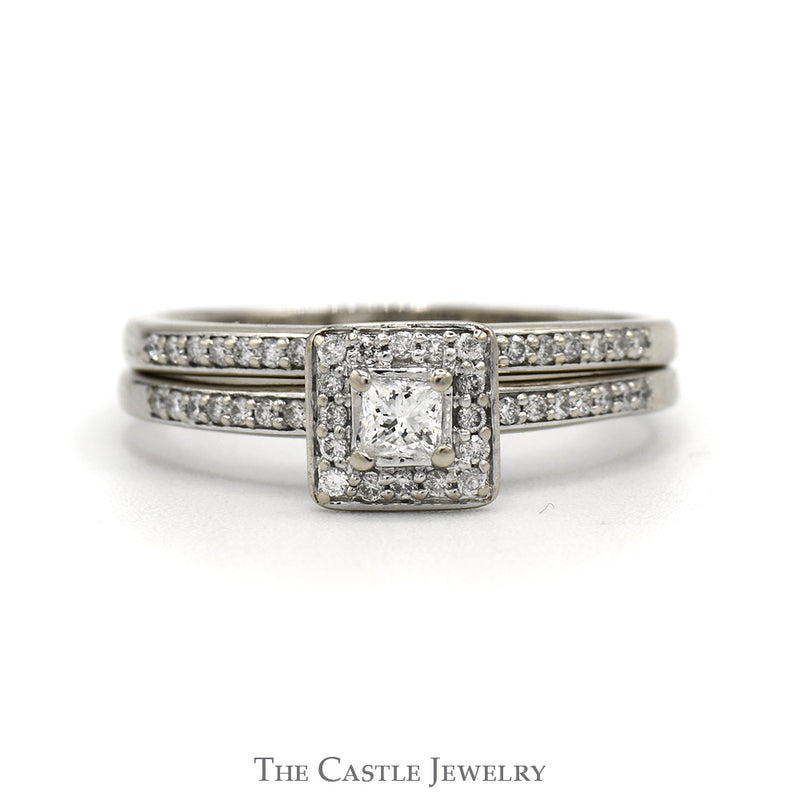 Diamond Bridal Set .38CTTW With .16CT Princess Cut Center With Halo And Diamond Sides In 14KT White Gold