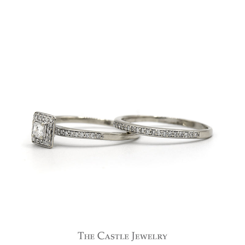 Diamond Bridal Set .38CTTW With .16CT Princess Cut Center With Halo And Diamond Sides In 14KT White Gold