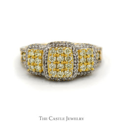 Triple Fancy Light Yellow Diamond Cluster Ring with Diamond Halo and Accented Sides in 14k Yellow Gold