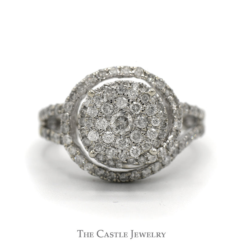1.5cttw Diamond Cluster Engagement Ring with Diamond Halo and Split Shank Sides in 10k White Gold