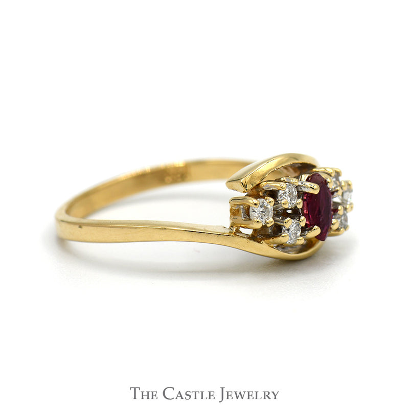 Marquise Cut Ruby Ring with Diamond Cluster Accents in 14k Yellow Gold