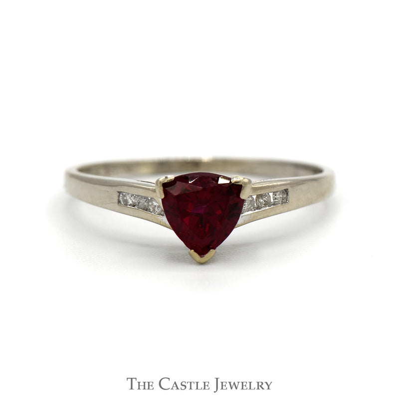 Trillion Cut Synthetic Ruby Ring with Channel Set Diamond Accents in 14k White Gold
