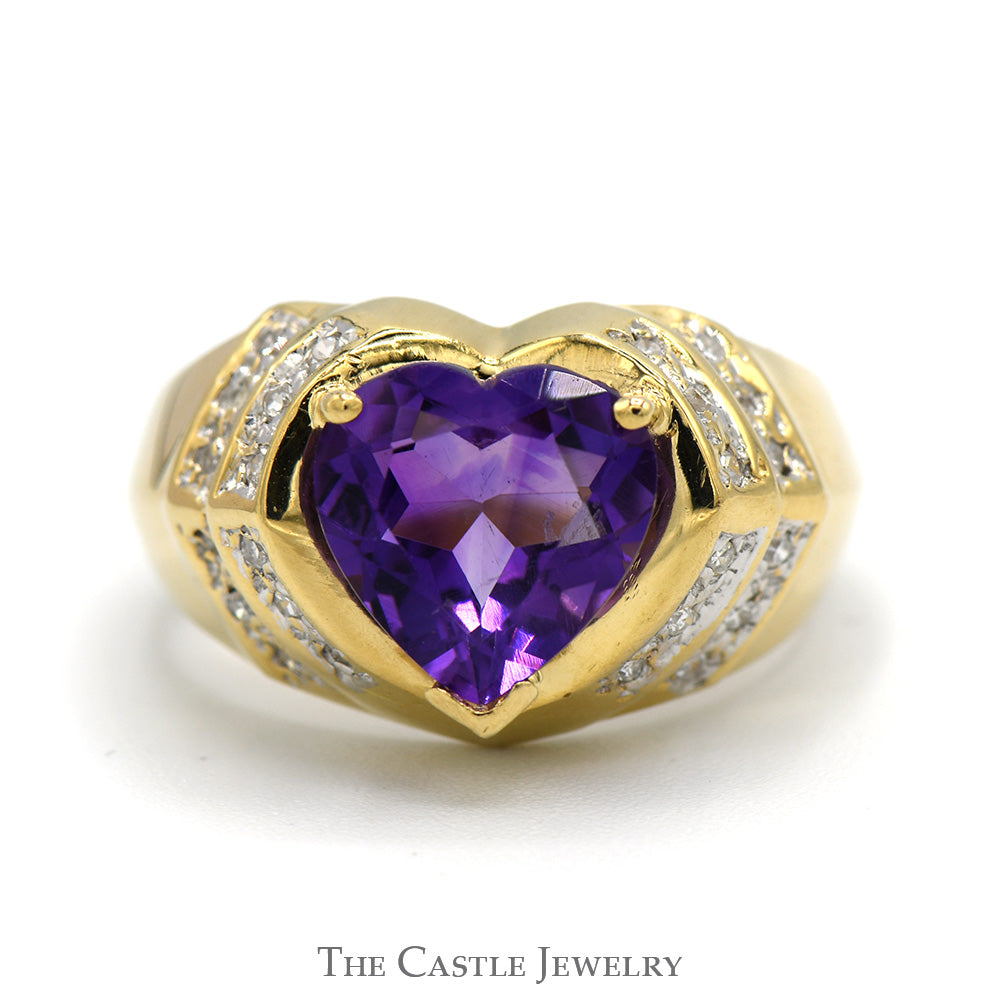 Heart Shaped Amethyst Ring with Diamond Accents in 14k Yellow Gold