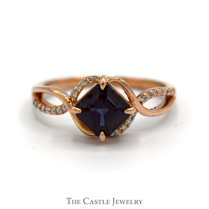Square Cut Alexandrite Ring with Diamond Accented Split Shank Sides in 14k Rose Gold