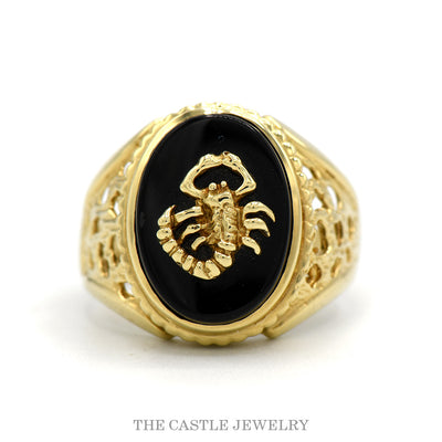 10k yellow gold men’s oval black onyx scorpion ring — top view