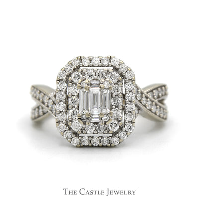 1.50cttw Emerald Cut Diamond Engagement Ring with Double Halo and Twisted Sides in 14k White Gold