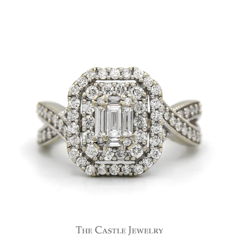 1.50cttw Emerald Cut Diamond Engagement Ring with Double Halo and Twisted Sides in 14k White Gold