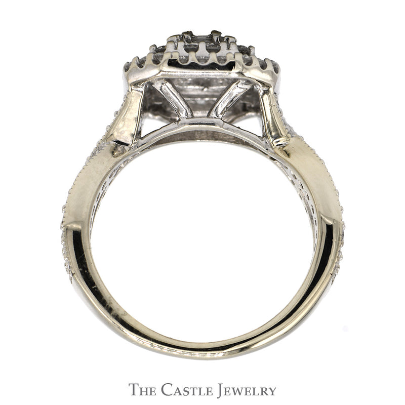 1.50cttw Emerald Cut Diamond Engagement Ring with Double Halo and Twisted Sides in 14k White Gold