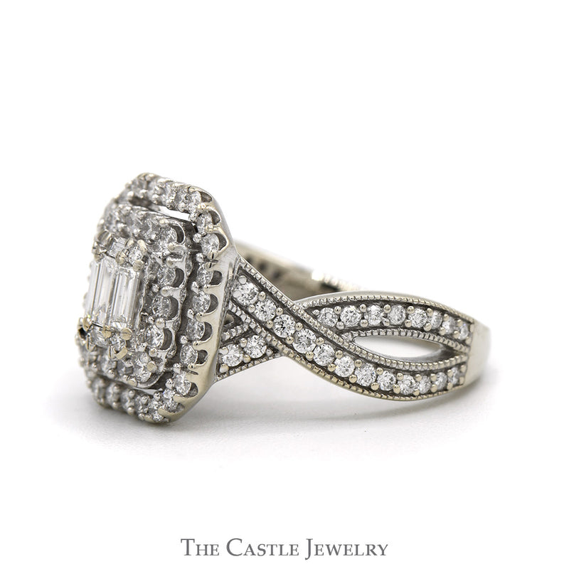 1.50cttw Emerald Cut Diamond Engagement Ring with Double Halo and Twisted Sides in 14k White Gold