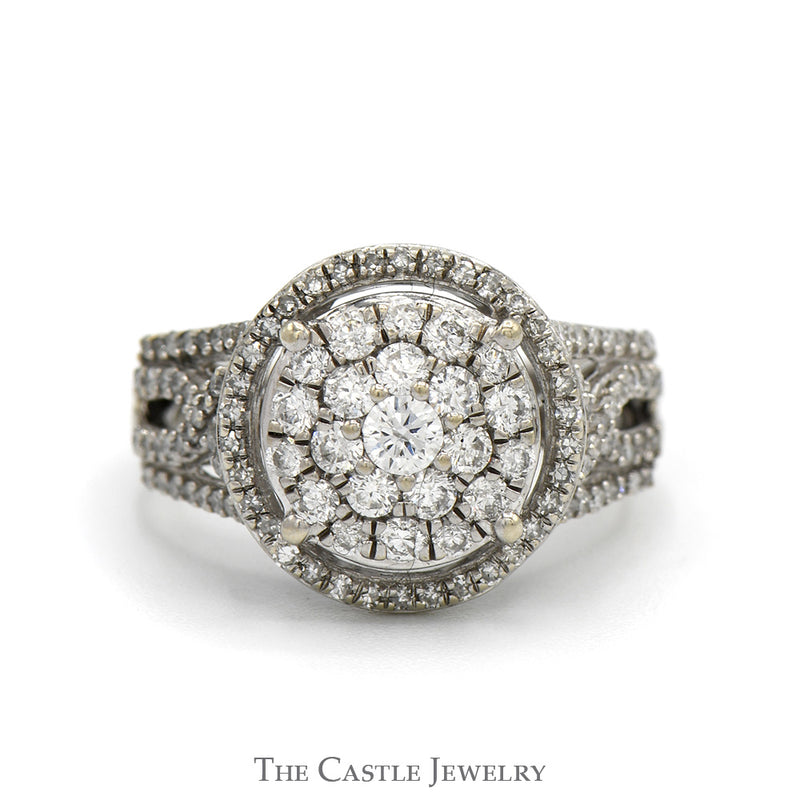 3/4cttw Round Diamond Cluster Engagement Ring with Diamond Halo and Diamond Accented Open Sides in 14k White Gold