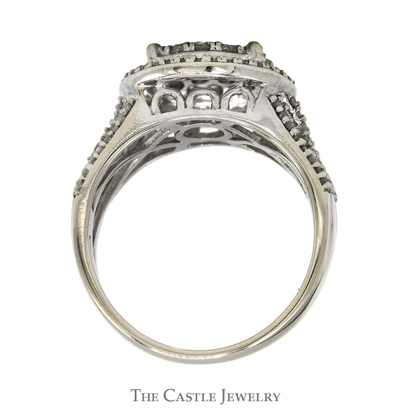 3/4cttw Round Diamond Cluster Engagement Ring with Diamond Halo and Diamond Accented Open Sides in 14k White Gold