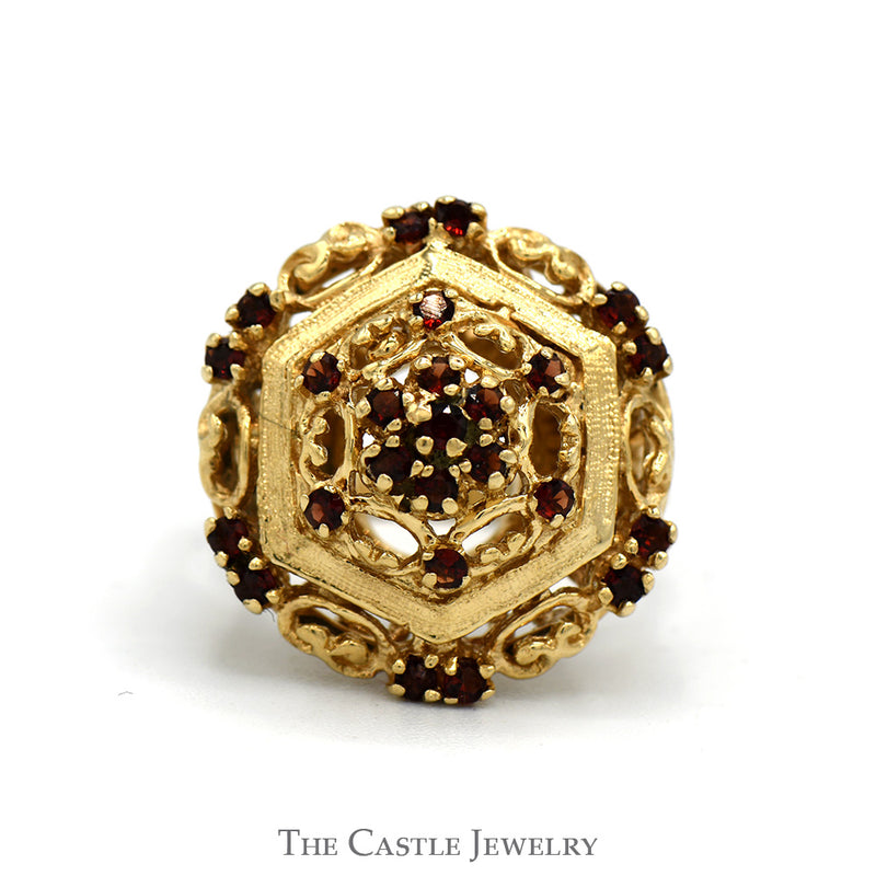 Antique Style Garnet Cluster Shield Ring in 14k Yellow Gold