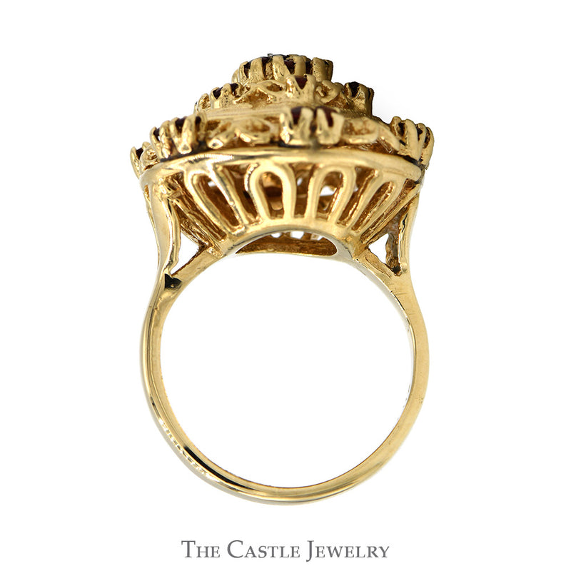 Antique Style Garnet Cluster Shield Ring in 14k Yellow Gold