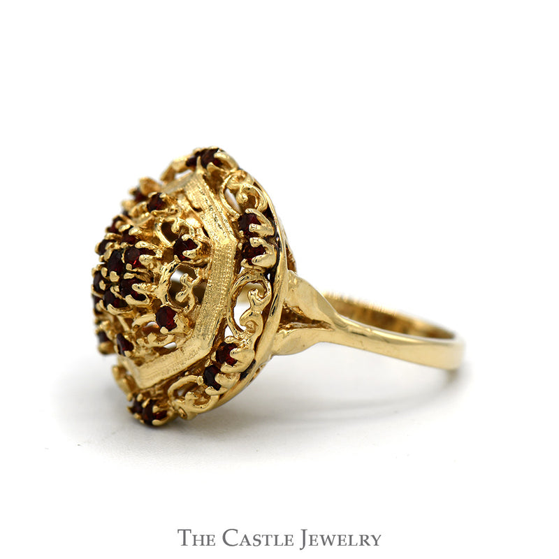Antique Style Garnet Cluster Shield Ring in 14k Yellow Gold