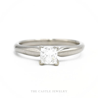 14k white gold princess-cut diamond solitaire engagement ring with 4-prong head — top view