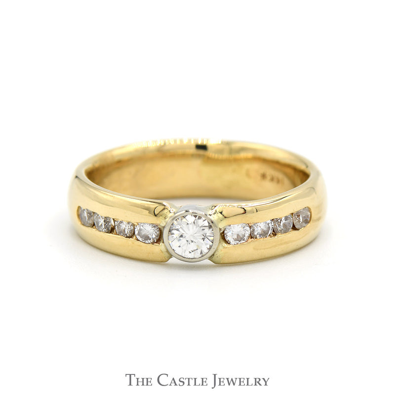 Bezel Set Diamond Solitaire Men's Ring with Channel Set Diamond Accents in 14k Yellow Gold