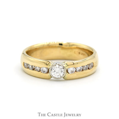 Bezel Set Diamond Solitaire Men's Ring with Channel Set Diamond Accents in 14k Yellow Gold