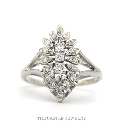 14k white gold marquise-shape diamond cluster ring — top view
