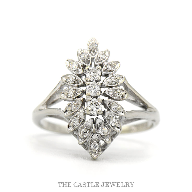 14k white gold marquise-shape diamond cluster ring — top view