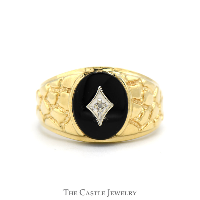 Oval Cut Black Onyx Ring with Diamond Accent and Nugget Textured Sides in 10k Yellow Gold