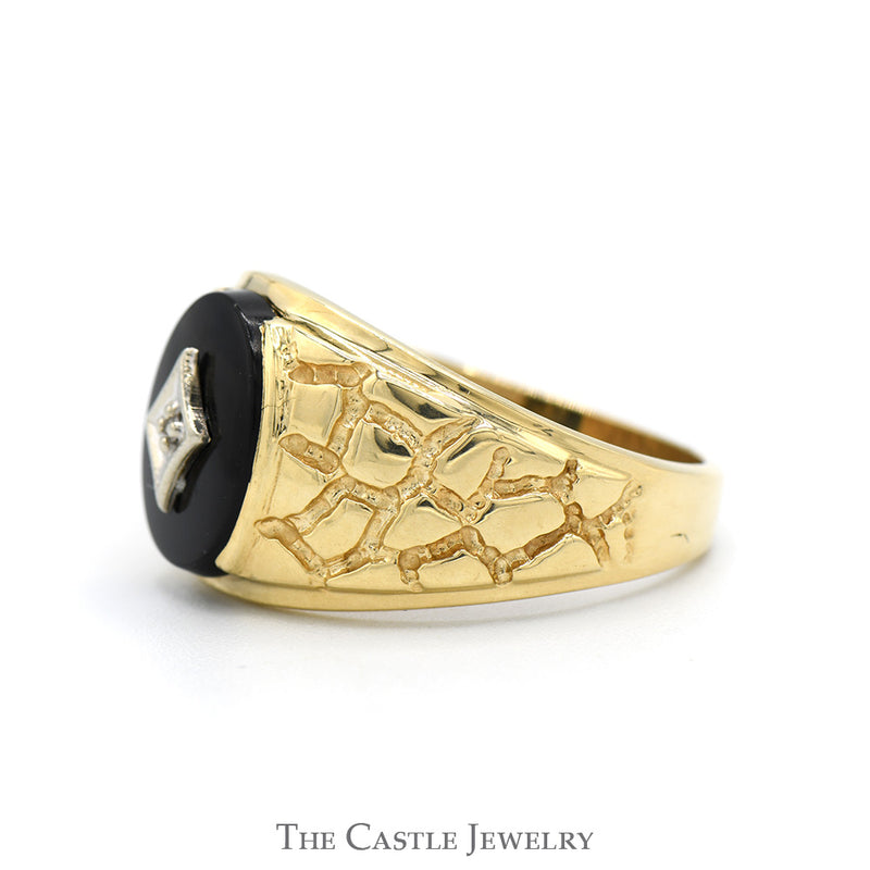 Oval Cut Black Onyx Ring with Diamond Accent and Nugget Textured Sides in 10k Yellow Gold