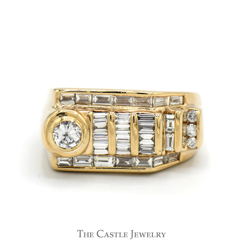 2cttw Round & Baguette Diamond Cluster Men's Ring in 14k Yellow Gold