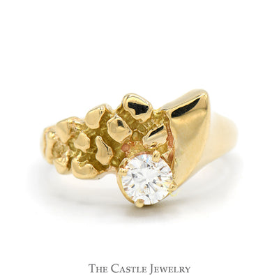 Round Diamond Solitaire Textured Nugget Style Ring in 14k Yellow Gold
