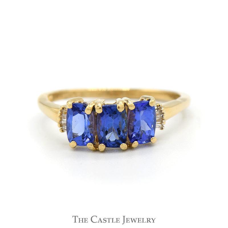 Three Stone Rectangular Tanzanite Ring with Baguette Cut Diamond Accents in 14k Yellow Gold