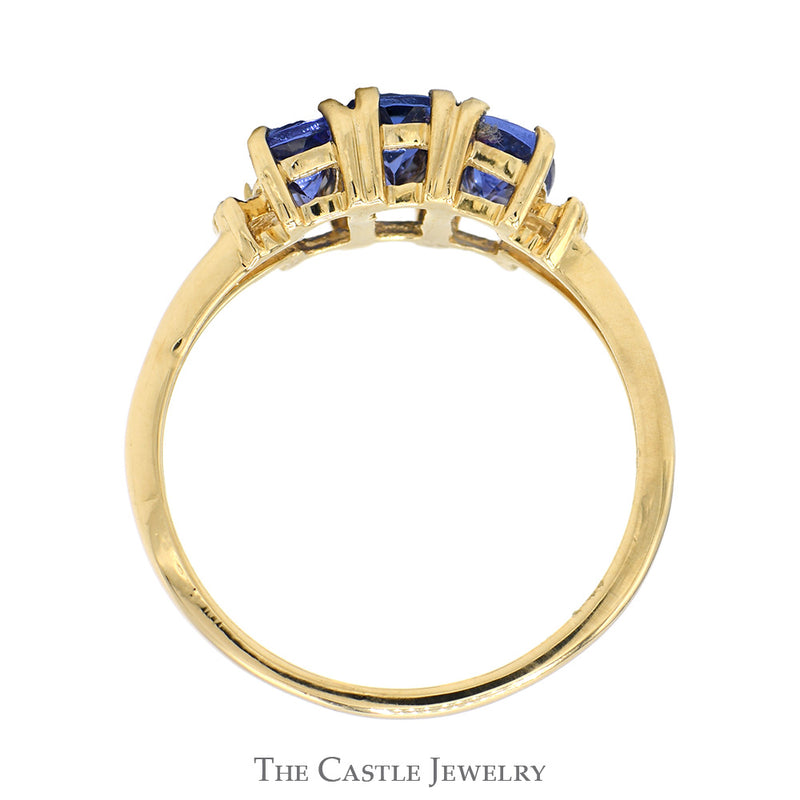 Three Stone Rectangular Tanzanite Ring with Baguette Cut Diamond Accents in 14k Yellow Gold