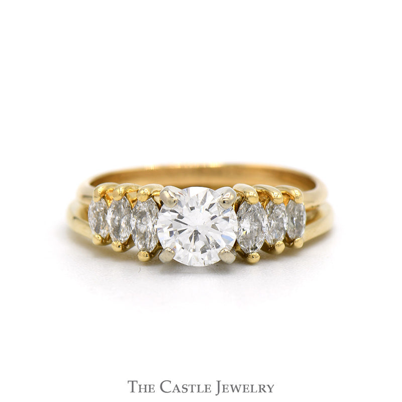 Round Diamond Engagement Ring with Marquise Diamond Sides & Matching Soldered Band in 14k Yellow Gold