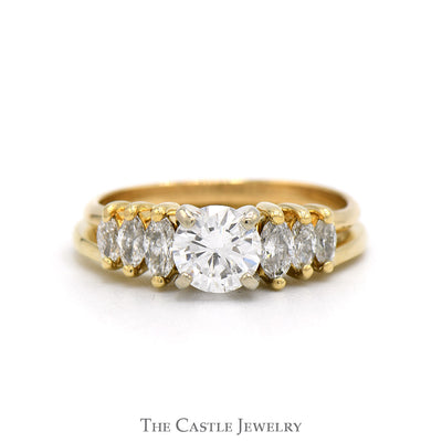 Round Diamond Engagement Ring with Marquise Diamond Sides & Matching Soldered Band in 14k Yellow Gold
