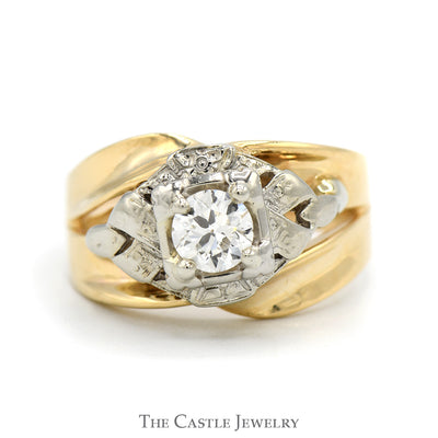 1/2ct Round Diamond Solitaire in Ornate 10k White & Yellow Gold Two Tone Mounting