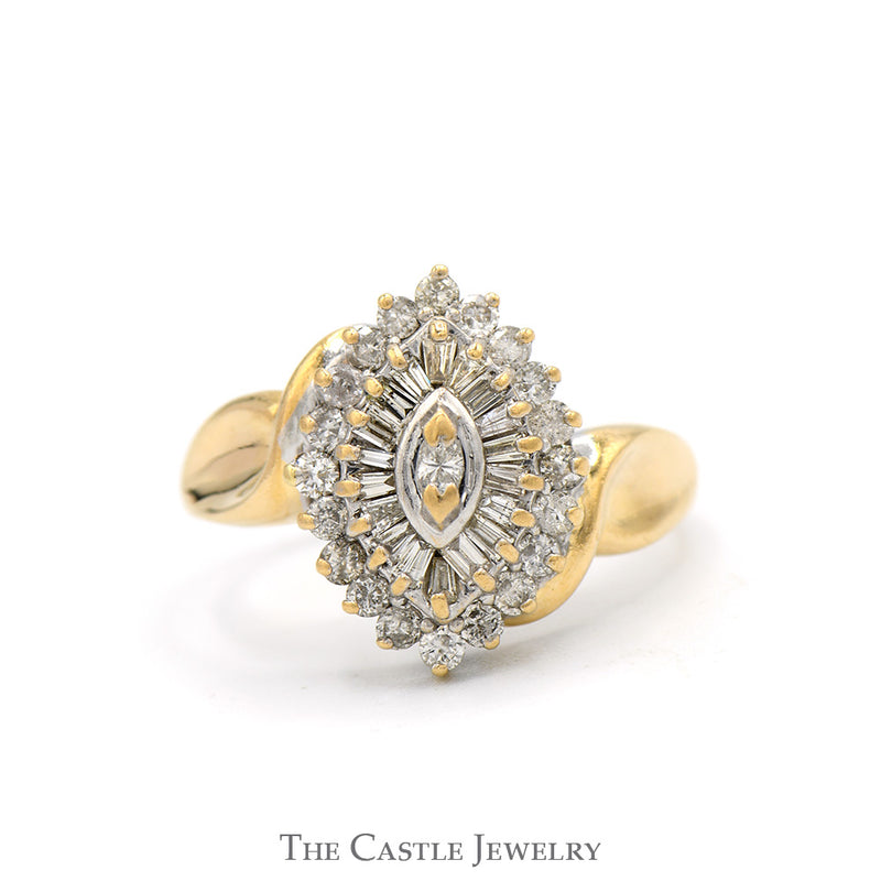 Marquise Shaped Cluster Ring with Baguette & Round Diamonds in 14k Yellow Gold