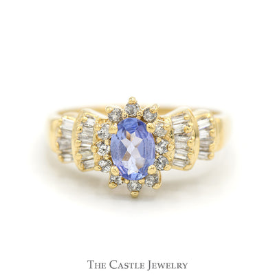 Oval Tanzanite Ring with Diamond Halo and Baguette Cut Accented Sides in 14k Yellow Gold