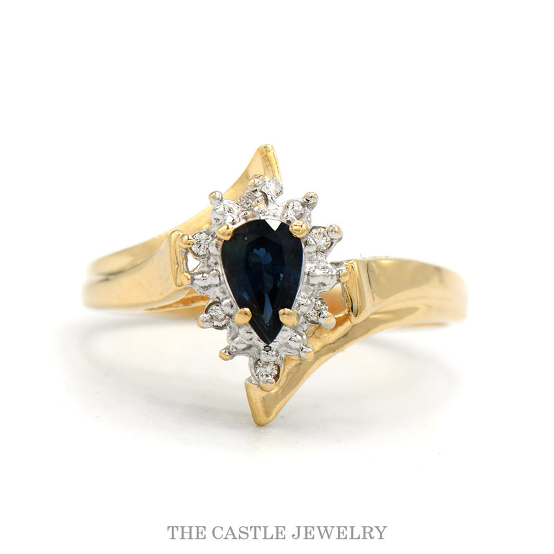 Pear Cut Sapphire Ring with Illusion Set Diamond Halo in 14k Yellow Gold