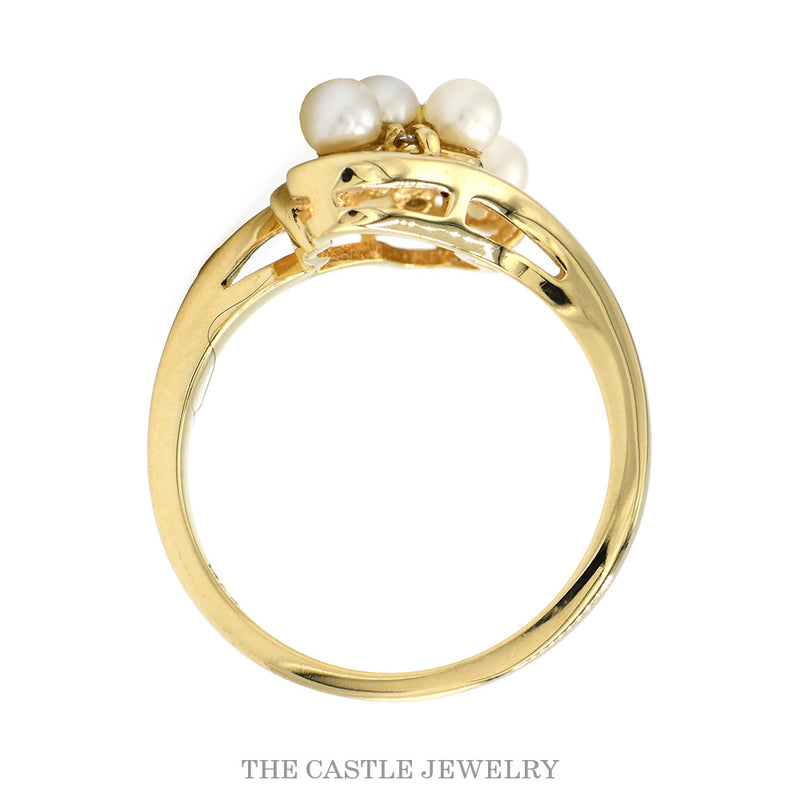Swirled Freeform Pearl Cluster Ring with Diamond Accents in 14k Yellow Gold