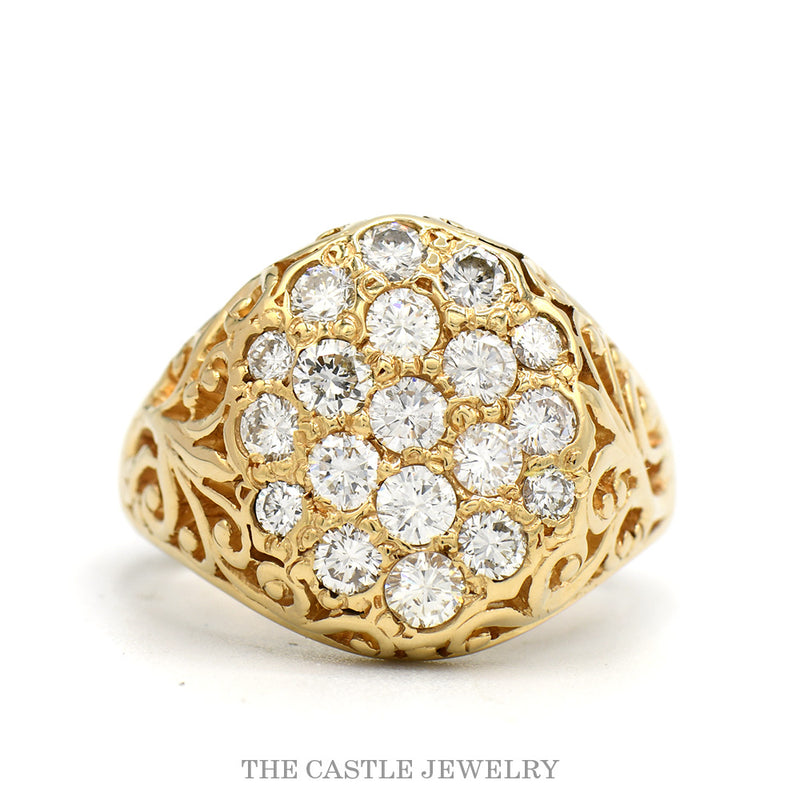 Oval 1.75cttw 19 Round Diamond Kentucky Cluster Ring with Open Filigree Sides in 14k Yellow Gold