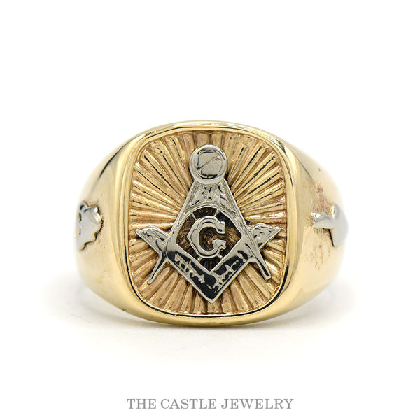 14k two-tone Masonic square-and-compass ring — top view
