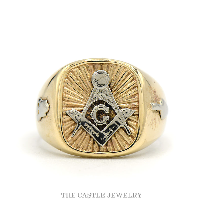 14k two-tone Masonic square-and-compass ring — top view