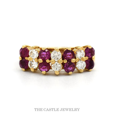 14k yellow gold ruby and diamond multi-row band — top view