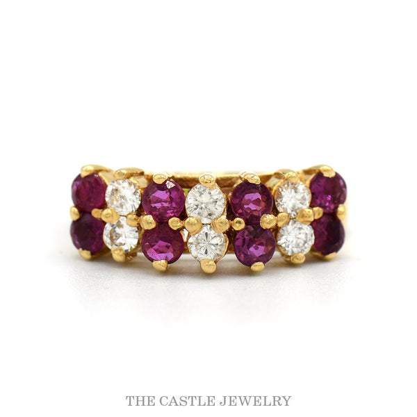 14k yellow gold ruby and diamond multi-row band — top view