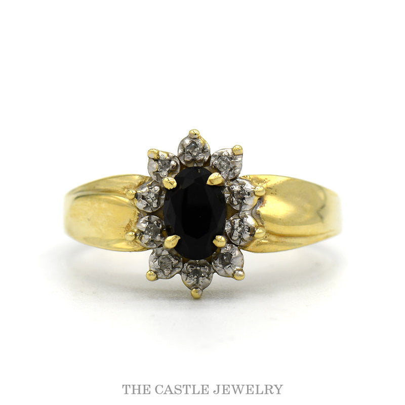 10k yellow gold oval sapphire and diamond halo ring — top view