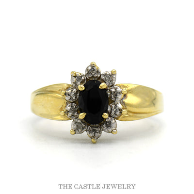 10k yellow gold oval sapphire and diamond halo ring — top view