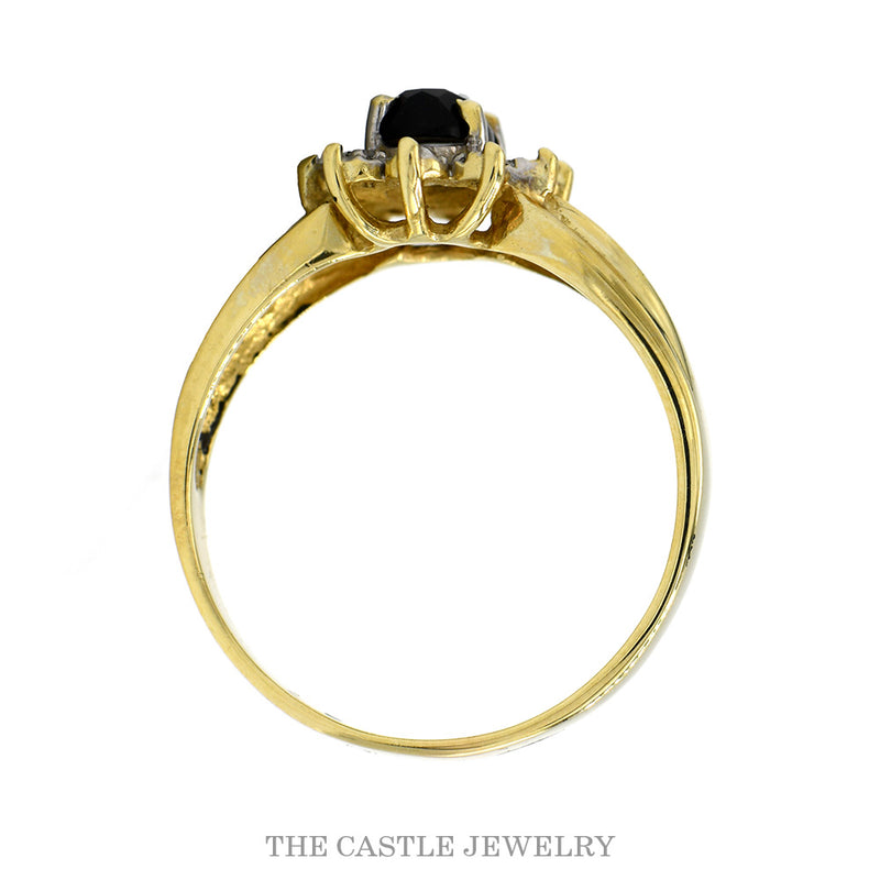 Front-facing view of the 10k yellow gold sapphire halo ring