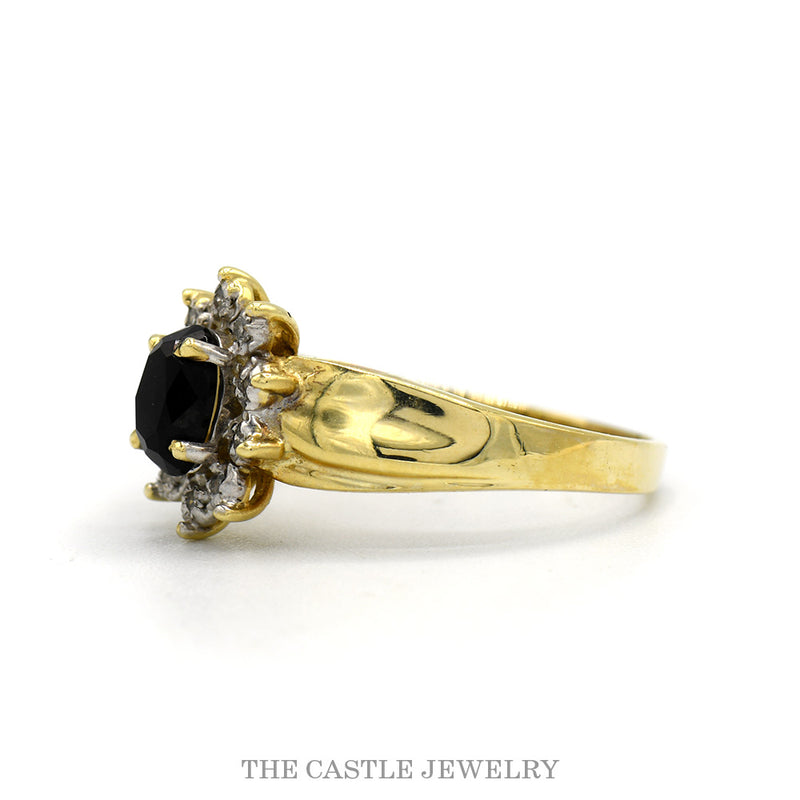 Side profile of the 10k yellow gold sapphire halo ring